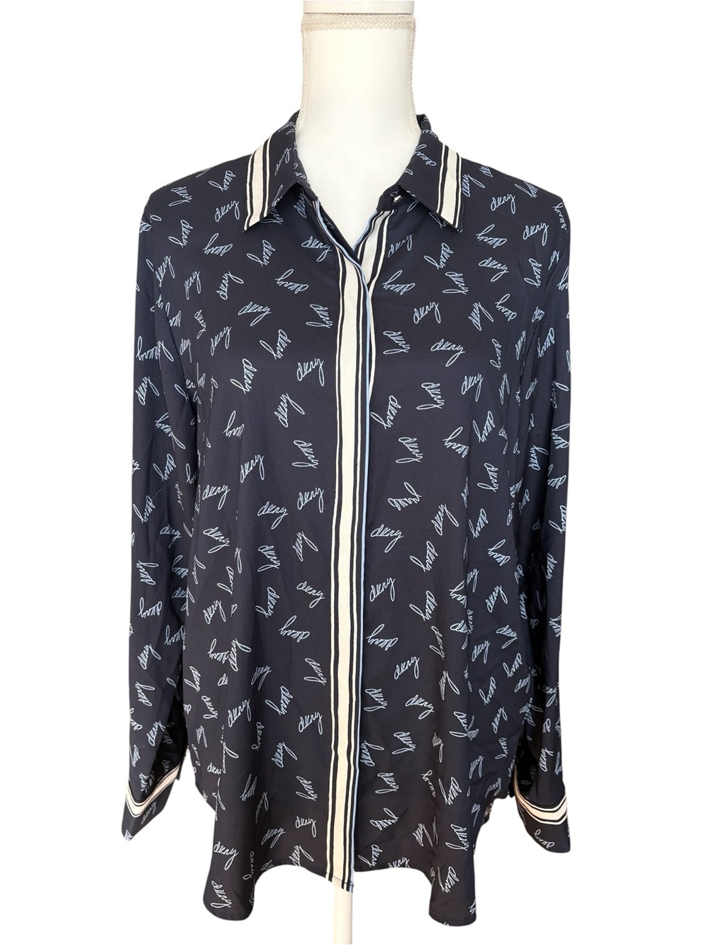 DKNY Black & White Logo Print Button-Down Blouse, Size L